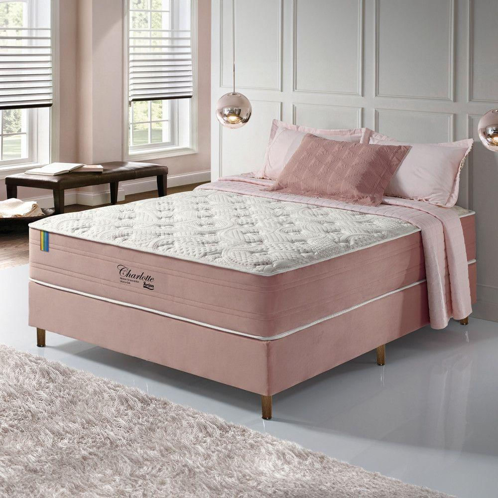 Cama Box Casal + Colchão Mola Ensacada Visco Gel Charlotte Rosa