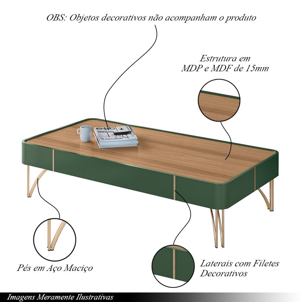 Mesa de Centro Decorativa Rennes MDP/MDF Pés de Aço Verde Pistache/Freijó G26 - Gran Belo