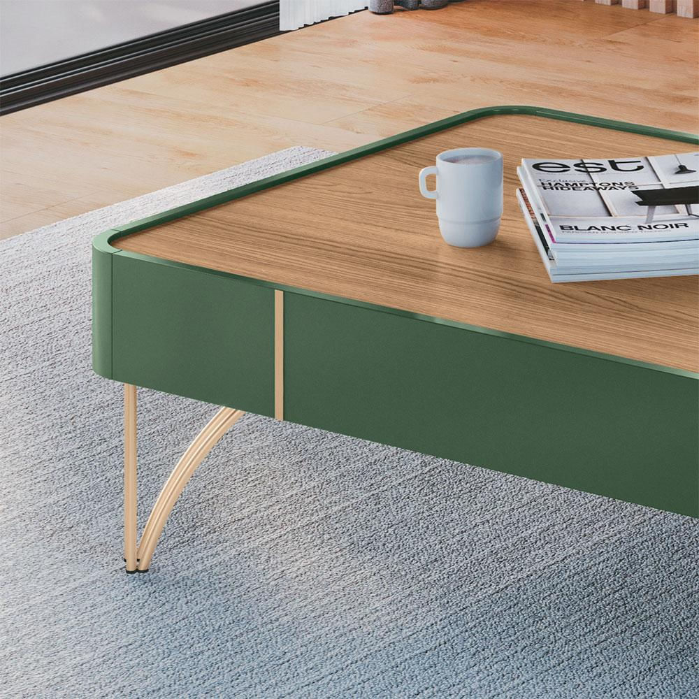 Mesa de Centro Decorativa Rennes MDP/MDF Pés de Aço Verde Pistache/Freijó G26 - Gran Belo