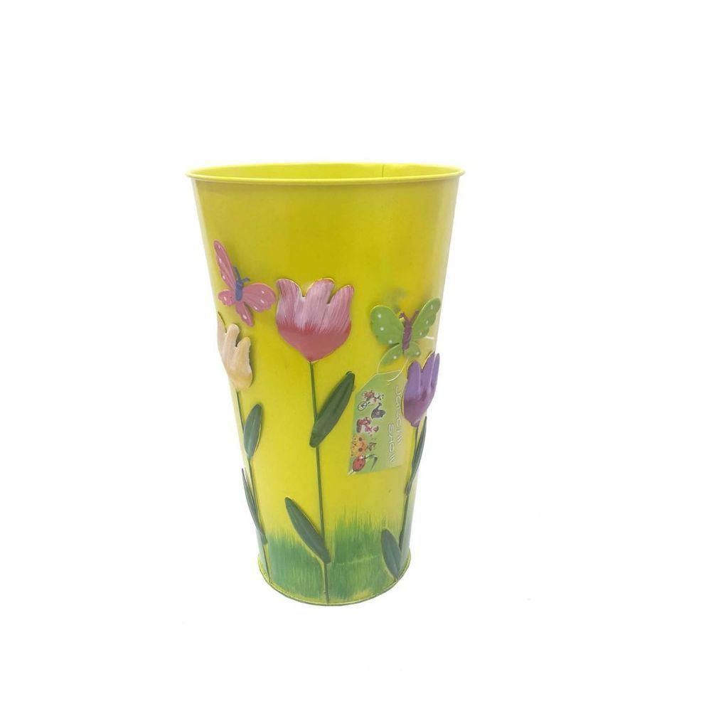 Vaso Metal Enfeite Varanda Borboleta Flor Amarelo