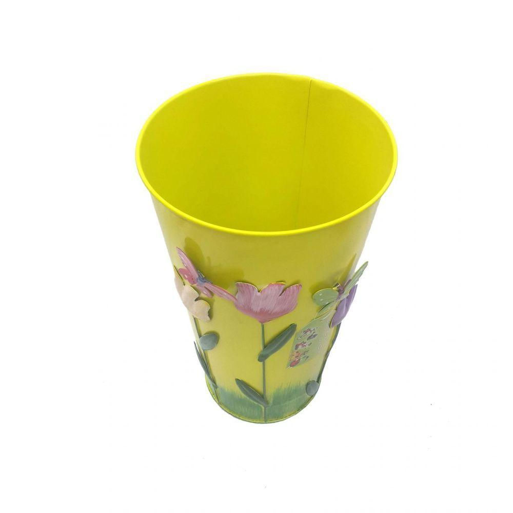 Vaso Metal Enfeite Varanda Borboleta Flor Amarelo