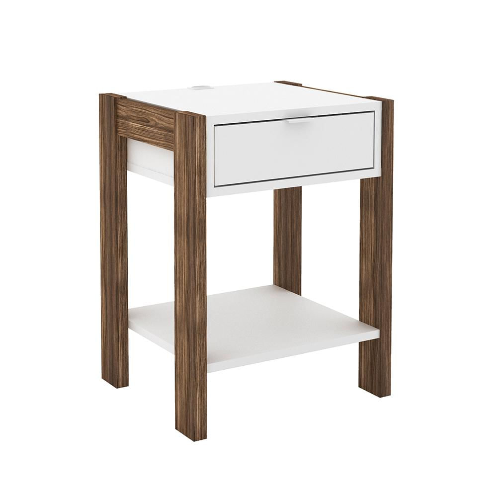 Mesa de Cabeçeira para Quarto Decorativa AZ1016 MDP Branco/Nogal - Gran Belo