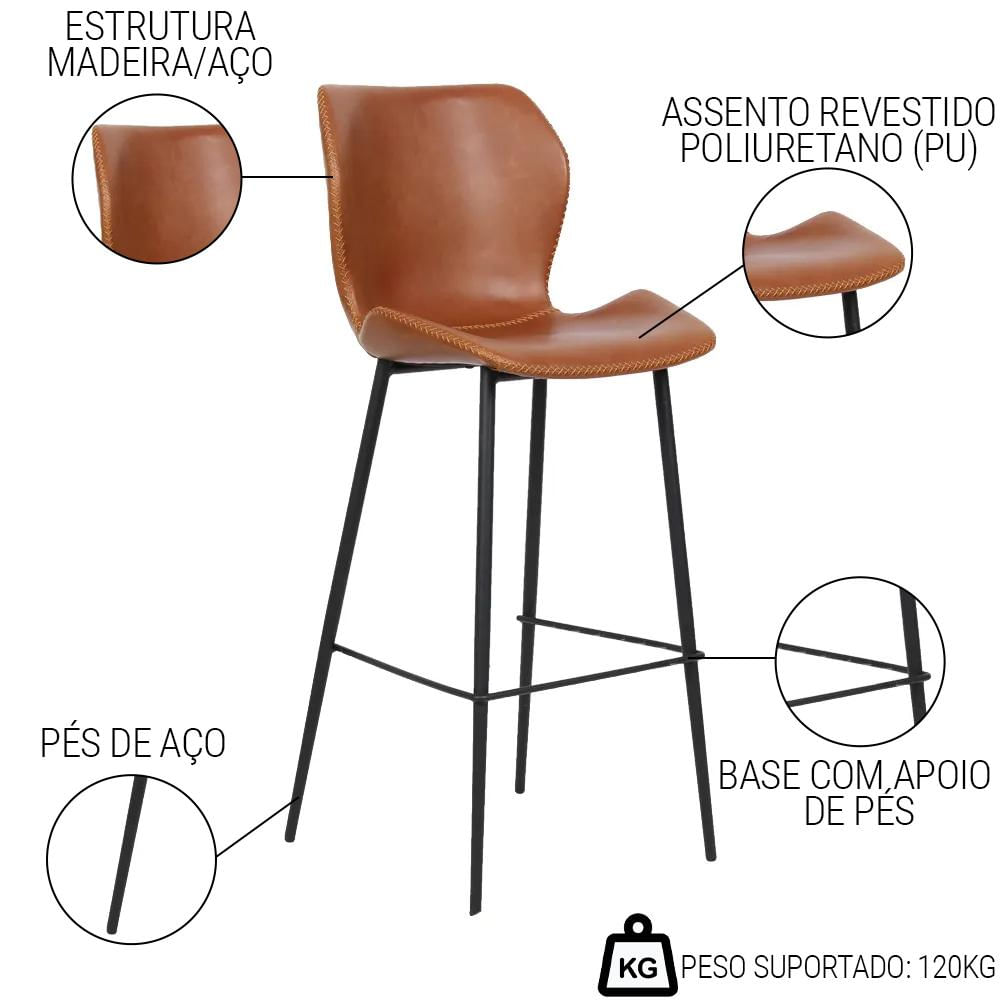 Kit 3 Banquetas Alta com Encosto para Bancada Cozinha Penha R02 Sintético Marrom - Mpozenato