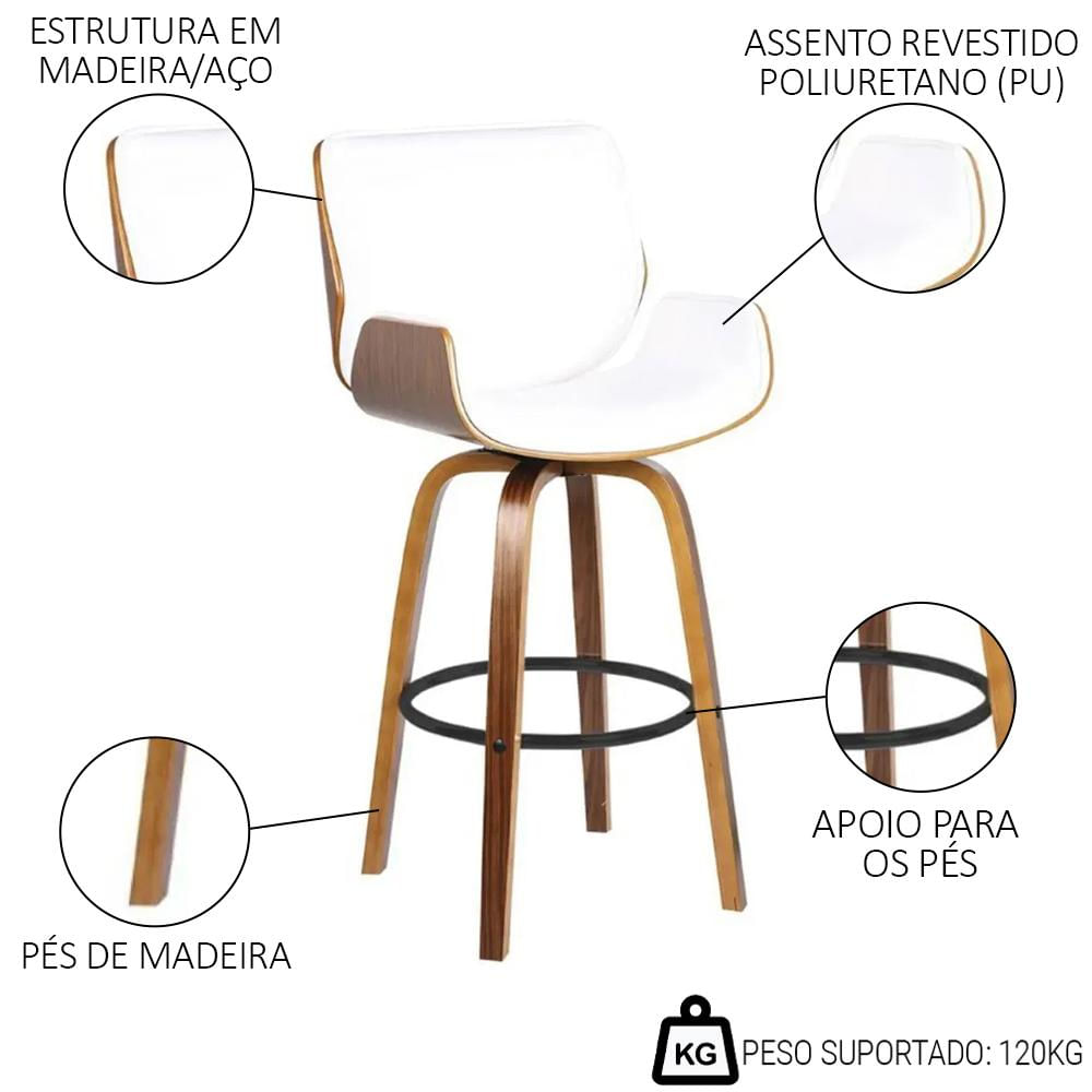 Kit 3 Banquetas Alta Giratória com Encosto Base Madeira Argo R02 Sintético Branco - Mpozenato