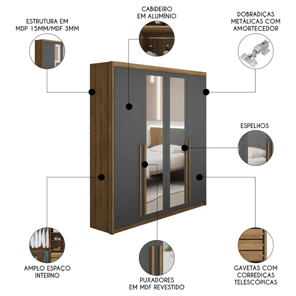 Guarda Roupa Solteiro 4 Portas Espelho Dubai Nature/Alasca   - VLR MÓVEIS