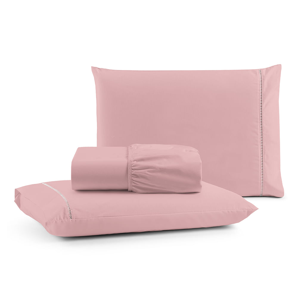 Jogo de Lençol Luiza Casal 3 Pçs 100% Algodão 180 Fios Ponto Palito - Rosa