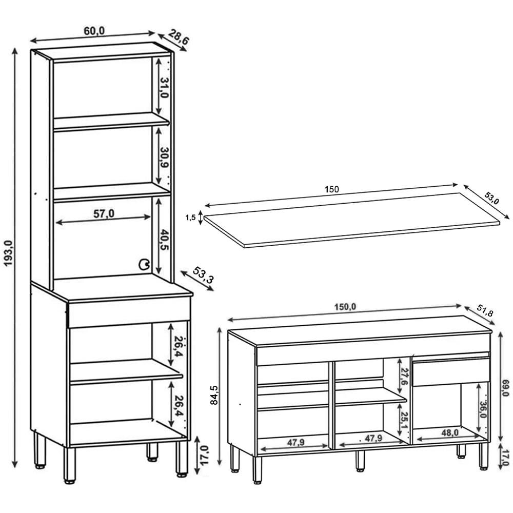 Paneleiro e Balcão Gabinete com Tampo 150cm Lina K02 Supremo - Mpozenato