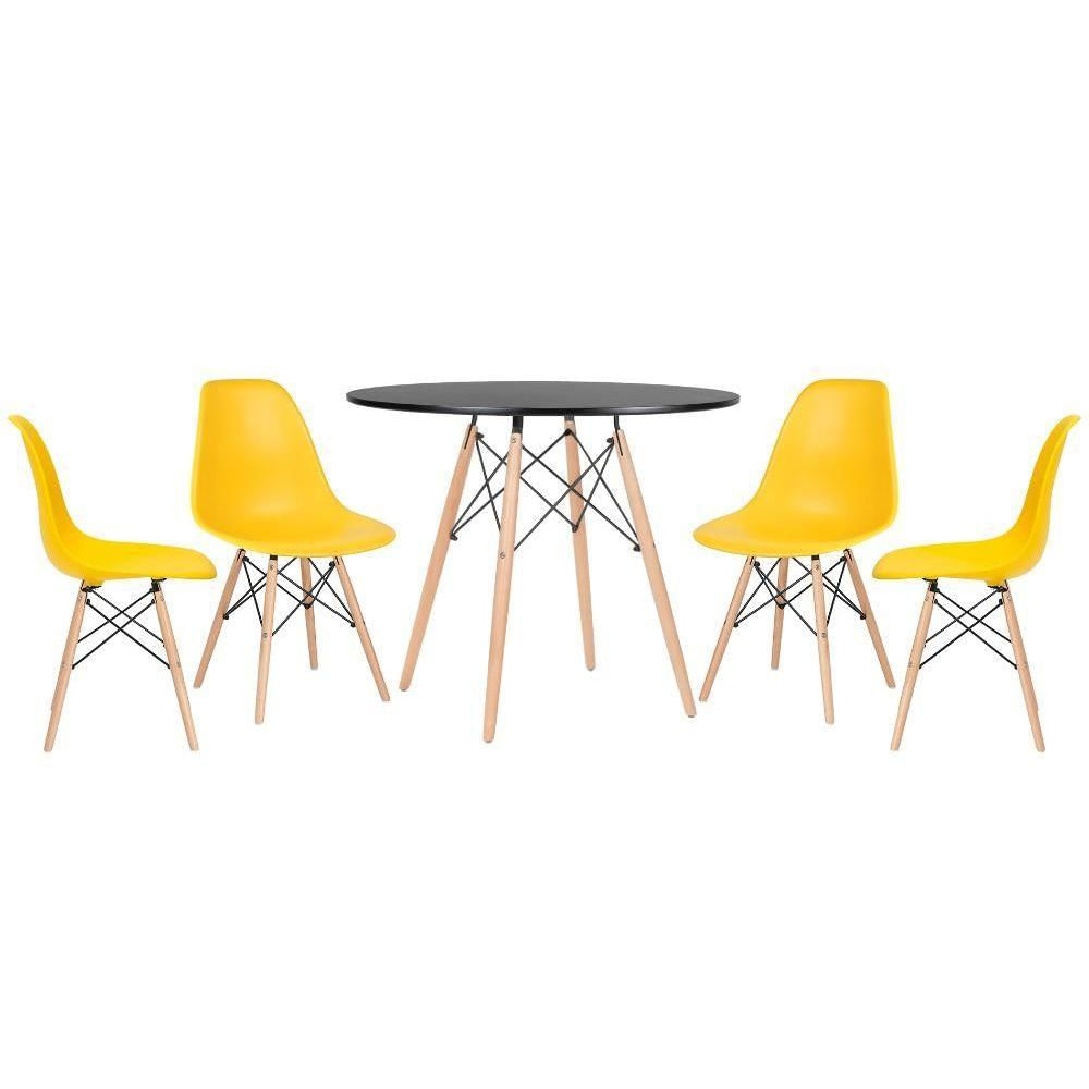 Mesa Redonda Eames 90 Cm Preto + 4 Cadeiras Eiffel Dsw Amarelo