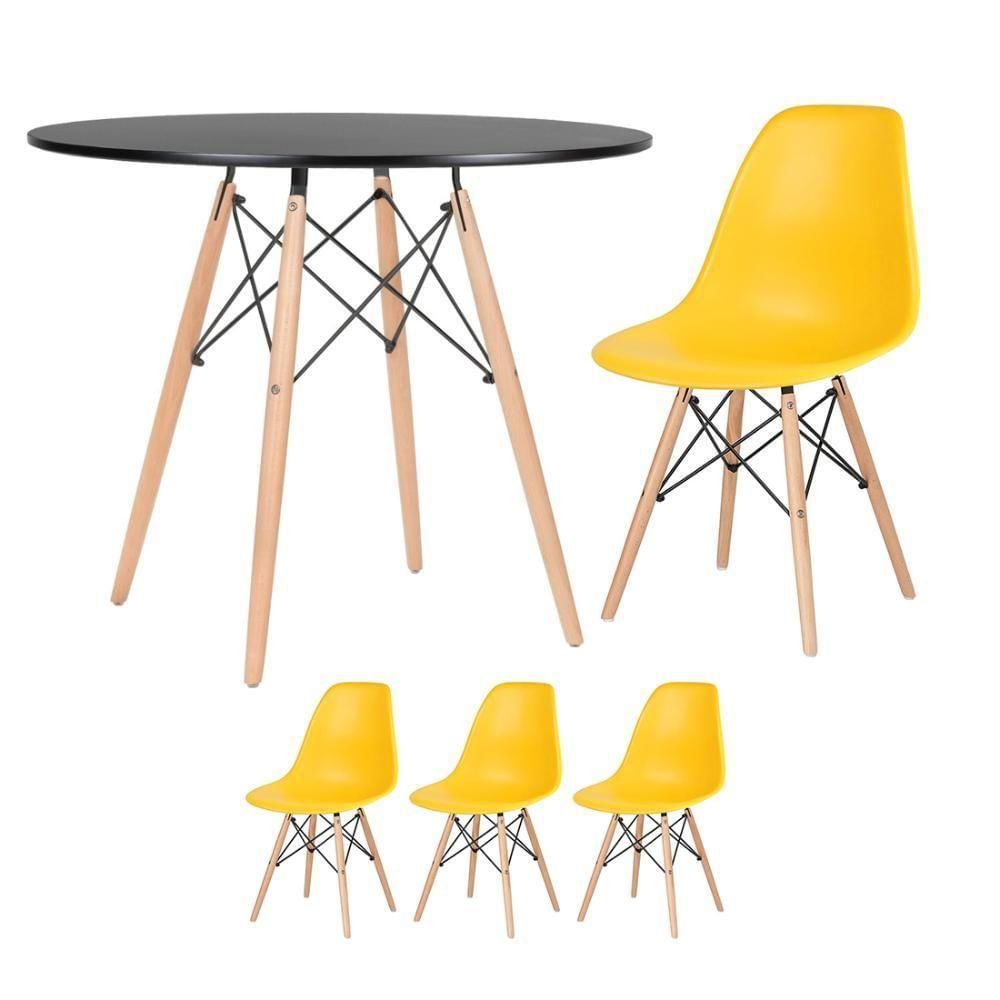 Mesa Redonda Eames 90 Cm Preto + 3 Cadeiras Eiffel Dsw Amarelo