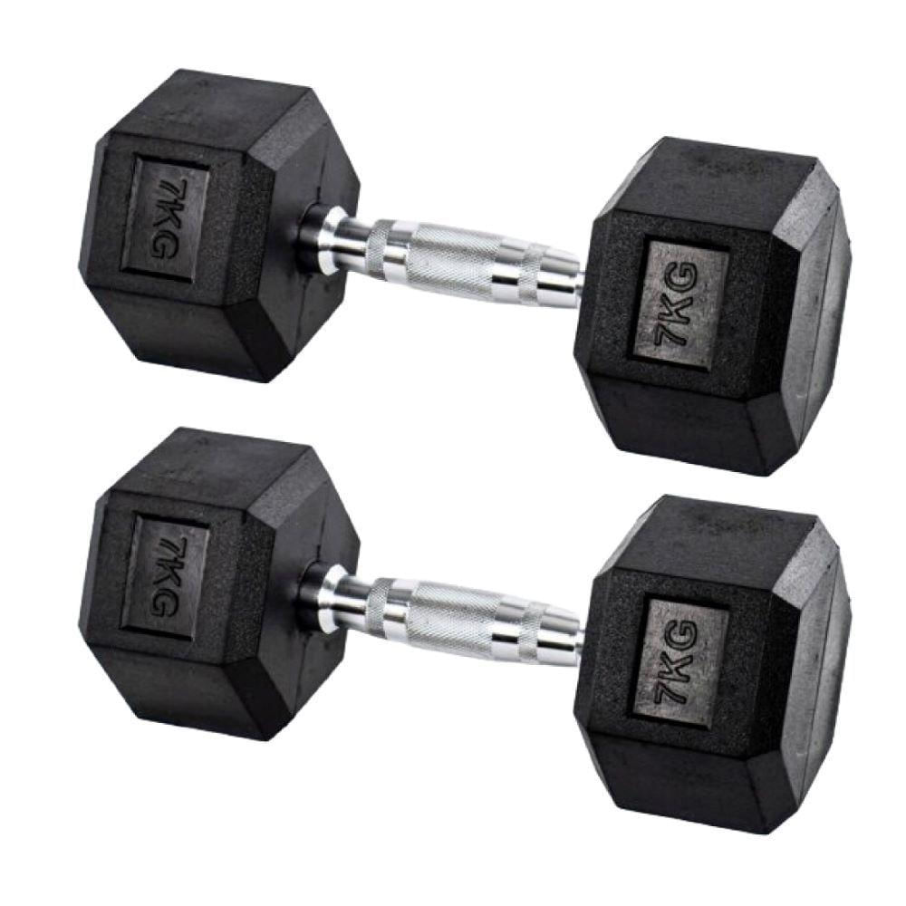 Par Halteres 7kg + 7kg Dumbbell Sextavado Emborrachado Pegada Cromada Gallant (GDb07F3B-Pt)