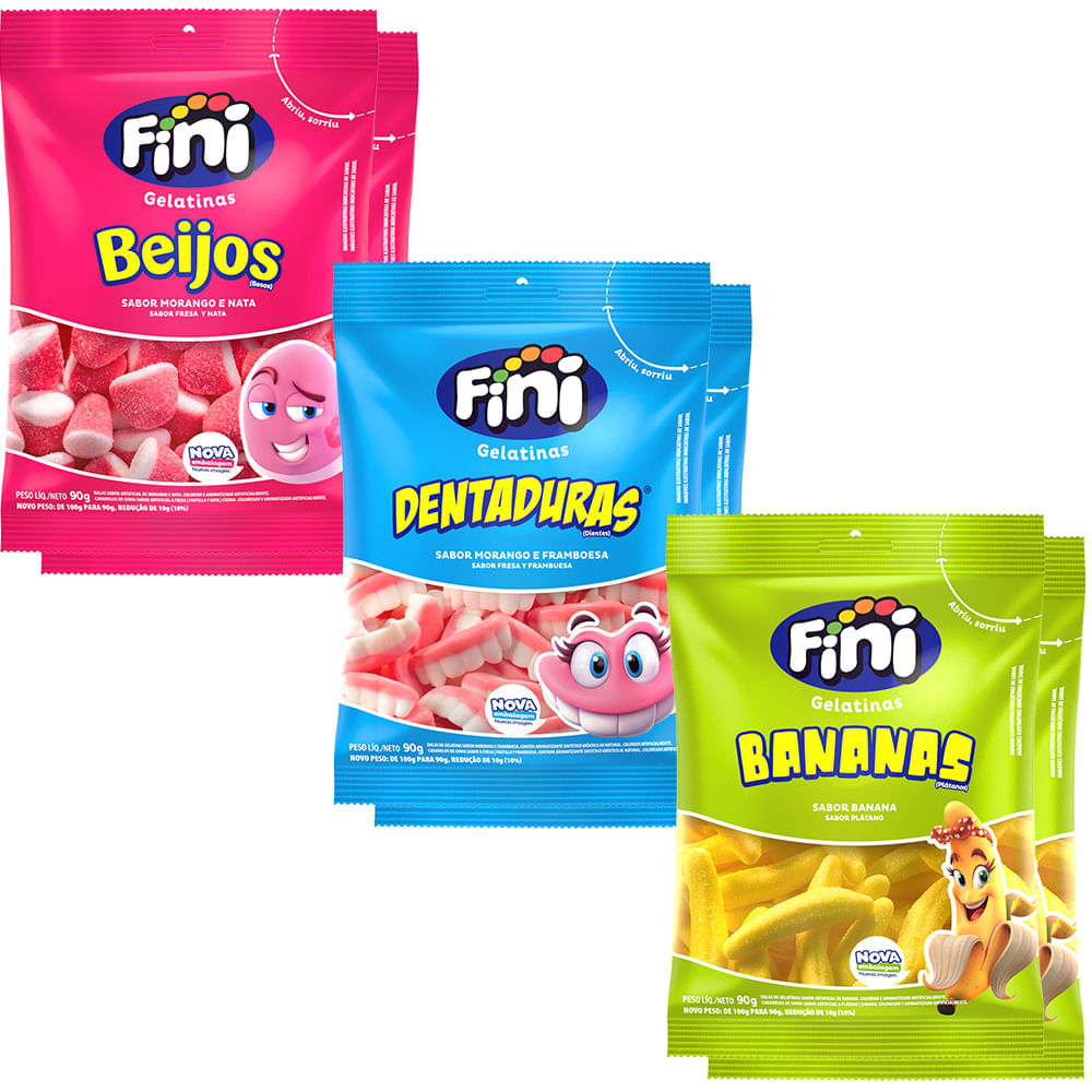 2 Kit de Balas de Gelatina: Beijo Morango 90G + Dentaduras 90G + Bananas 90G - Fini