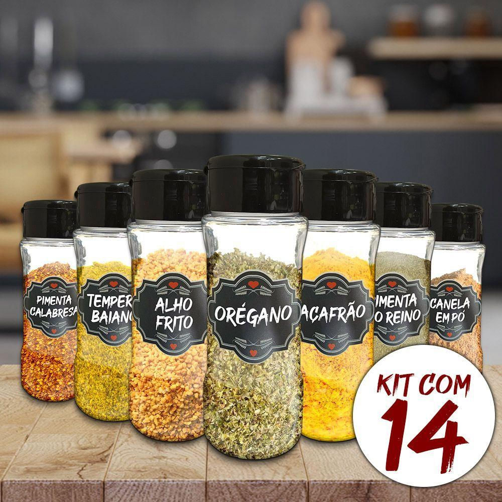 Pote Tempero Kit 14 Potes+24 Etiquetas Adesivas Preta