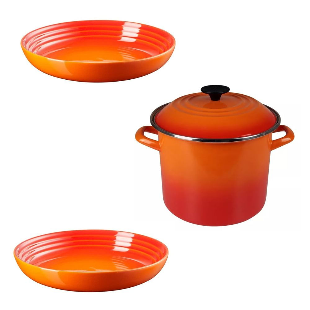 KIT LE CREUSET STOCKPOT EM AÇO INOX ESMALTADO 22CM 7,6L E 2 PRATOS FUNDOS 22CM EM CERÂMICA LARANJA