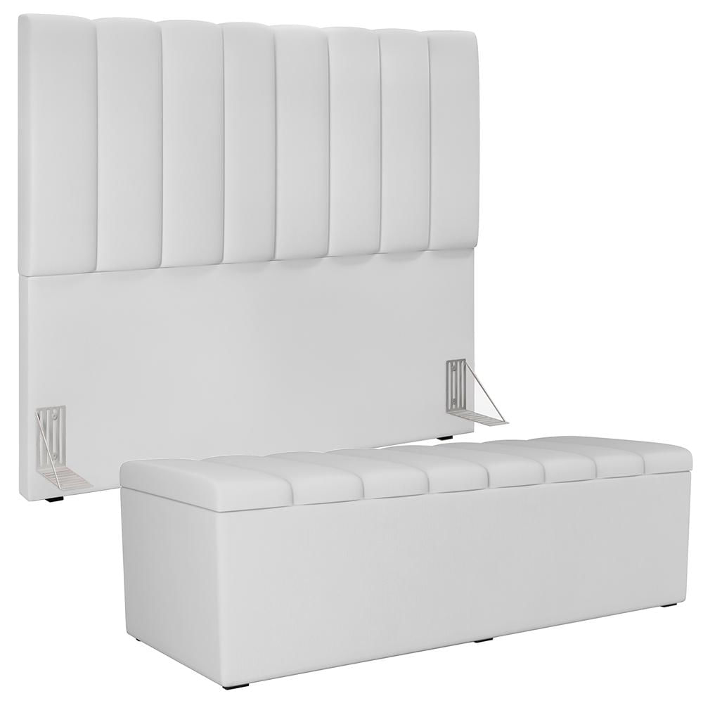 Kit Cabeceira Cama Box Casal 140cm Com Calçadeira Recamier Baú Dália W01 Facto Branco - Lyam Decor