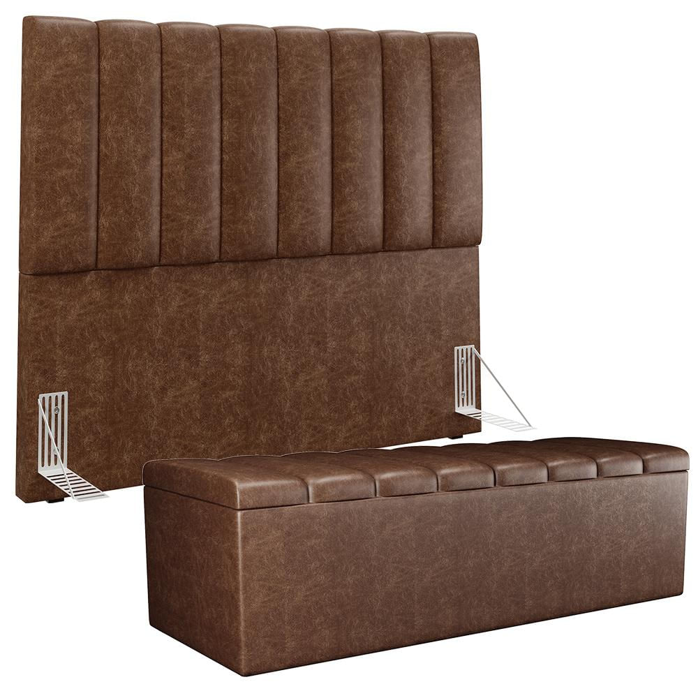 Kit Cabeceira Cama Box Casal 140cm Calçadeira Recamier Baú Dália W01 Couríssimo Marrom - Lyam Decor
