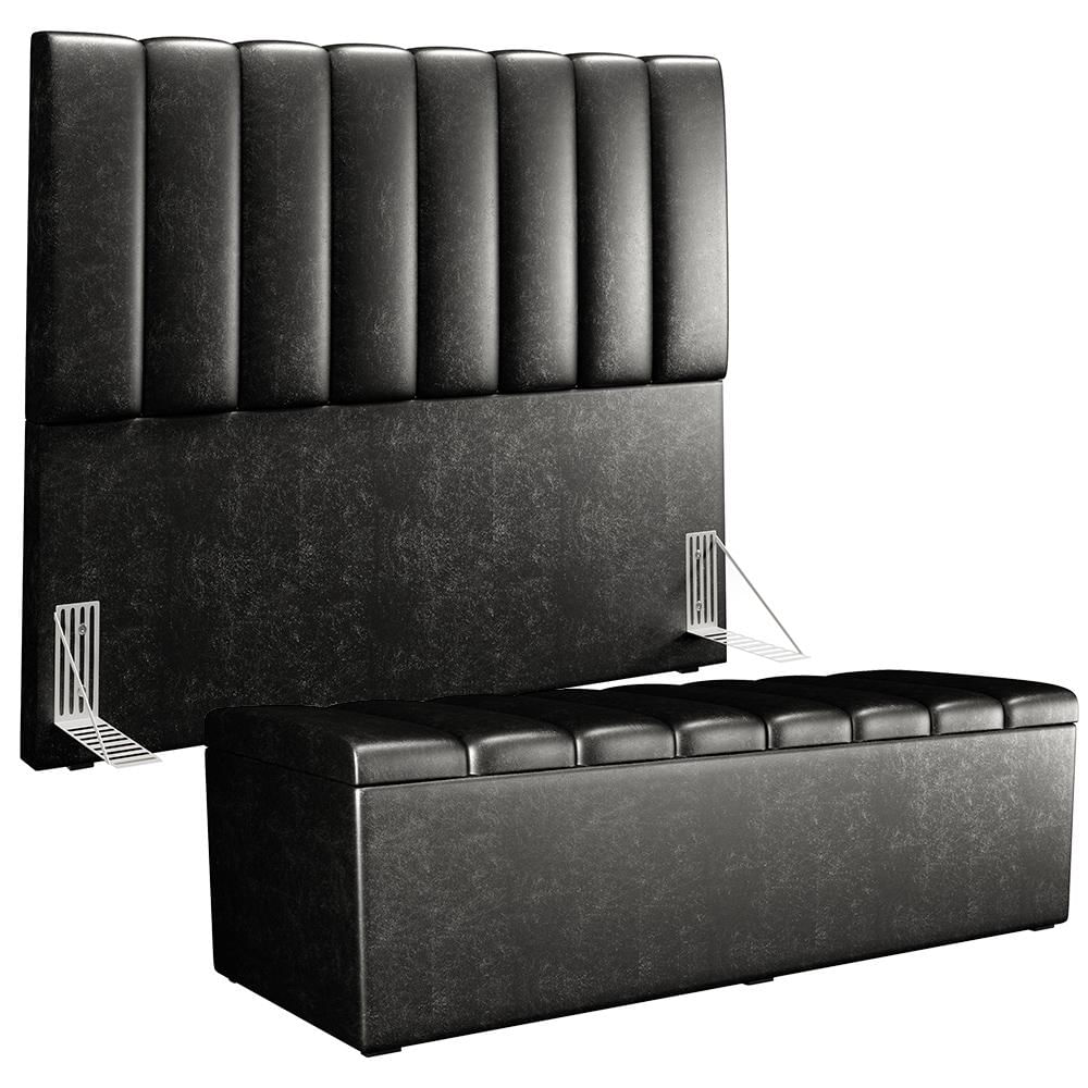 Kit Cabeceira Cama Box Casal 140cm Calçadeira Recamier Baú Dália W01 Couríssimo Preto - Lyam Decor