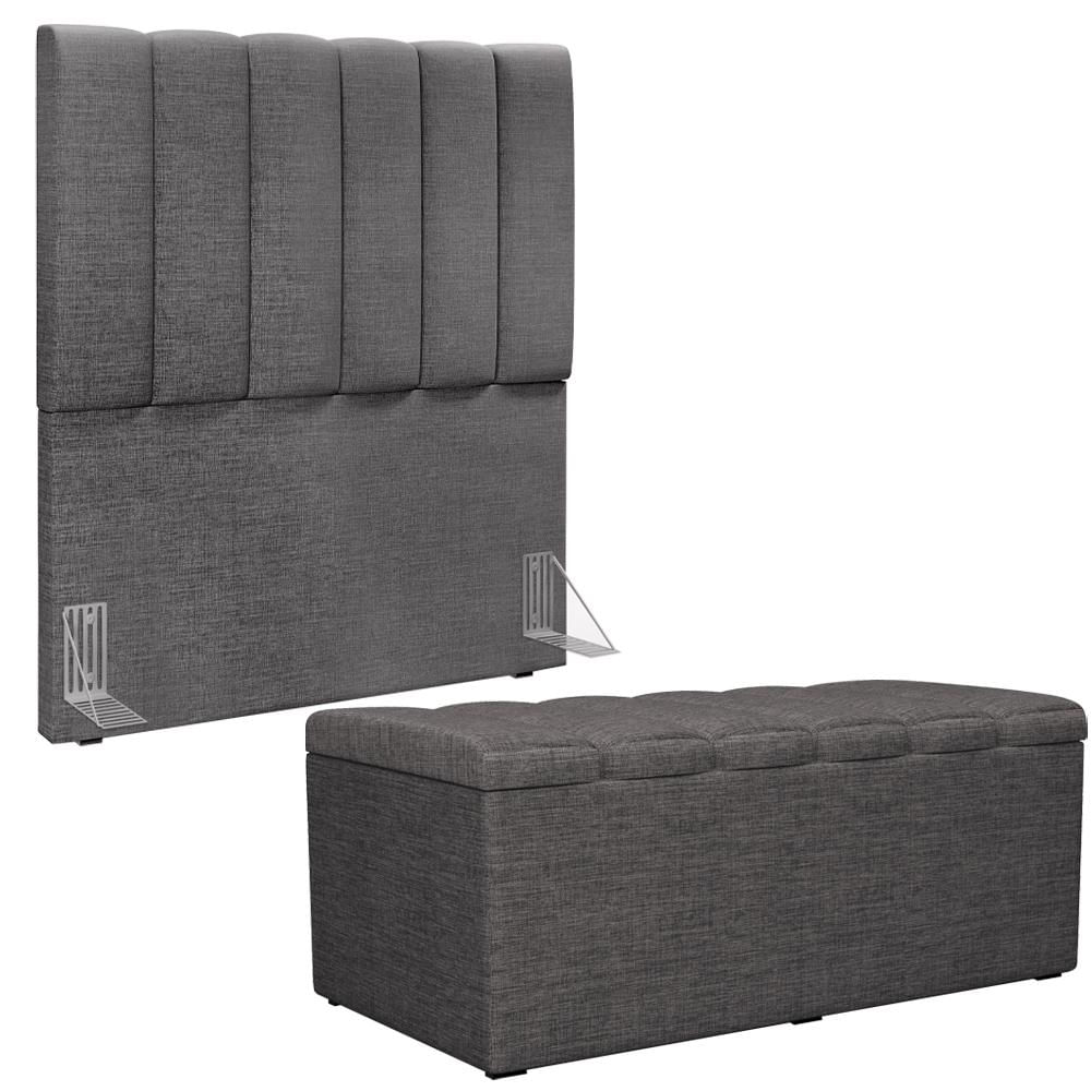 Kit Cabeceira Cama Box Solteiro 100cm Com Calçadeira Baú Dália W01 Linho Cinza Escuro - Lyam Decor