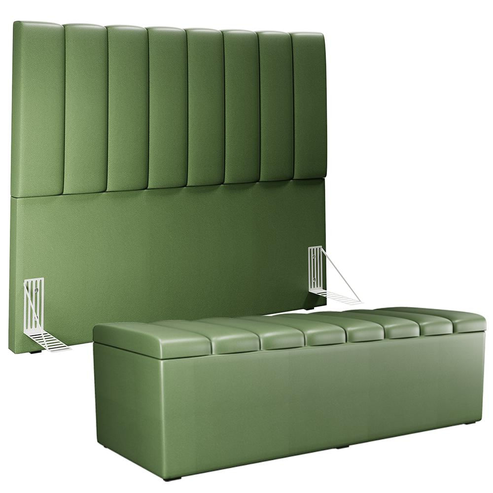 Kit Cabeceira Cama Box Casal 140cm Calçadeira Recamier Baú Dália W01 Facto Verde Musgo - Lyam Decor