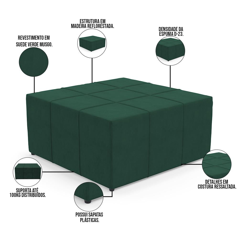 Puff Decorativo Para Sala de Estar Quadrado Milano 90x90cm W01 Suede Verde Musgo - Lyam Decor