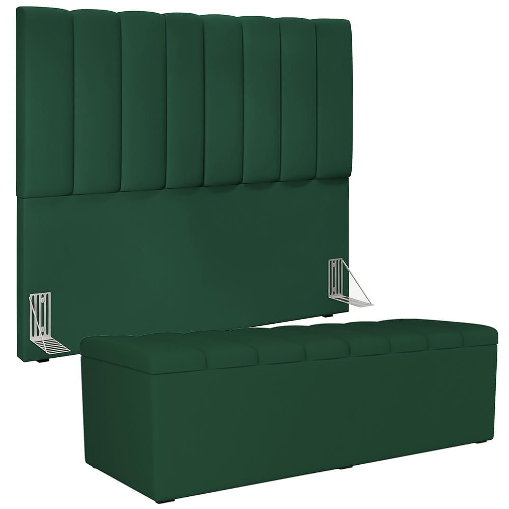 Kit Cabeceira Cama Box Casal 140cm Calçadeira Recamier Baú Dália W01 Suede Verde Musgo - Lyam Decor