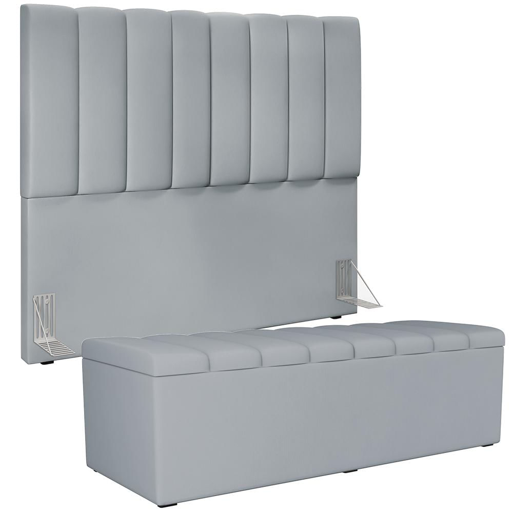 Kit Cabeceira Cama Box Casal 140cm Com Calçadeira Recamier Baú Dália W01 Suede Cinza - Lyam Decor