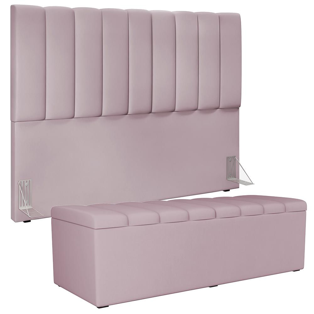 Kit Cabeceira Cama Box Casal Queen 160cm Com Calçadeira Baú Dália W01 Suede Rosê - Lyam Decor