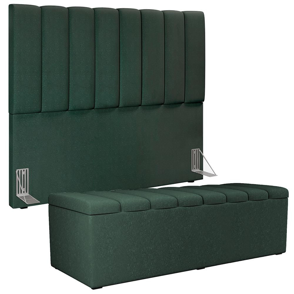 Kit Cabeceira Cama Box Casal 140 Cm Calçadeira Recamier Baú Dália W01 Linho Verde Musgo - Lyam Decor