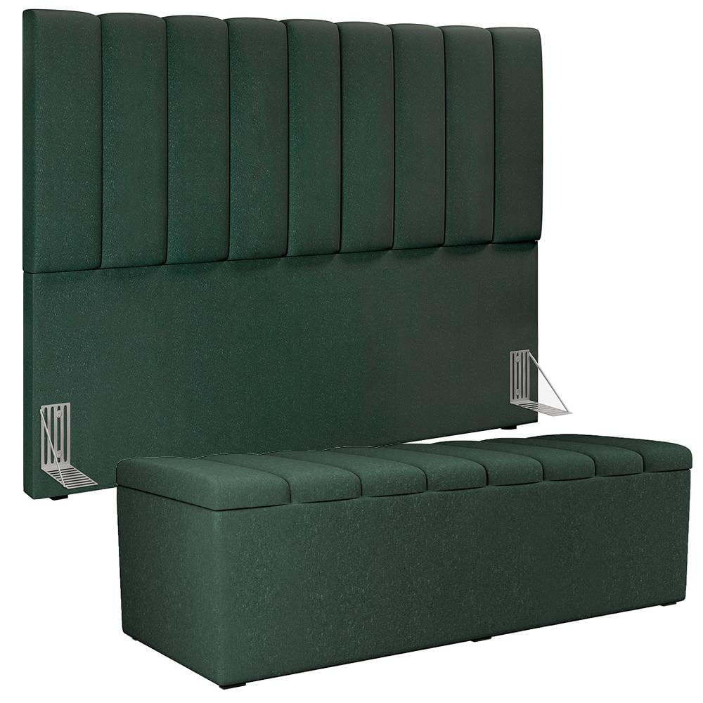 Kit Cabeceira Cama Box Casal Queen 160cm Com Calçadeira Baú Dália W01 Linho Verde Musgo - Lyam Decor