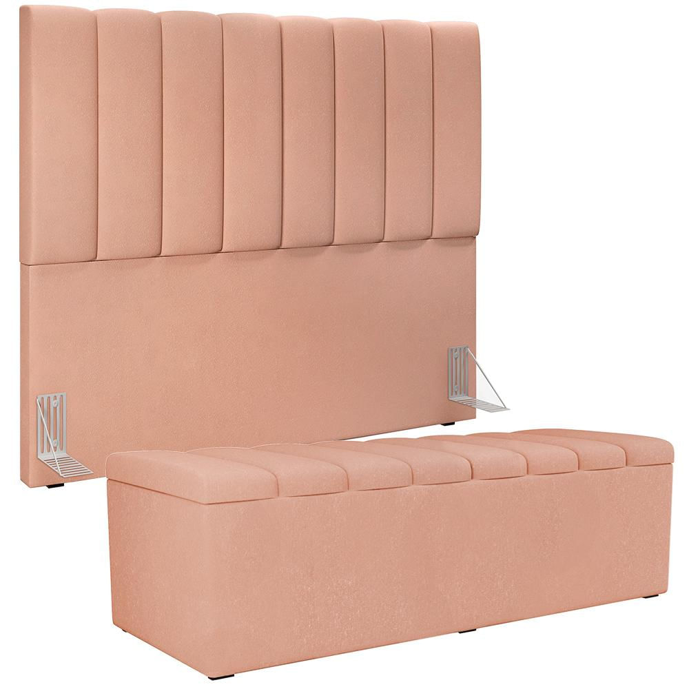 Kit Cabeceira Cama Box Casal 140 Cm Com Calçadeira Recamier Baú Dália W01 Linho Rosê - Lyam Decor