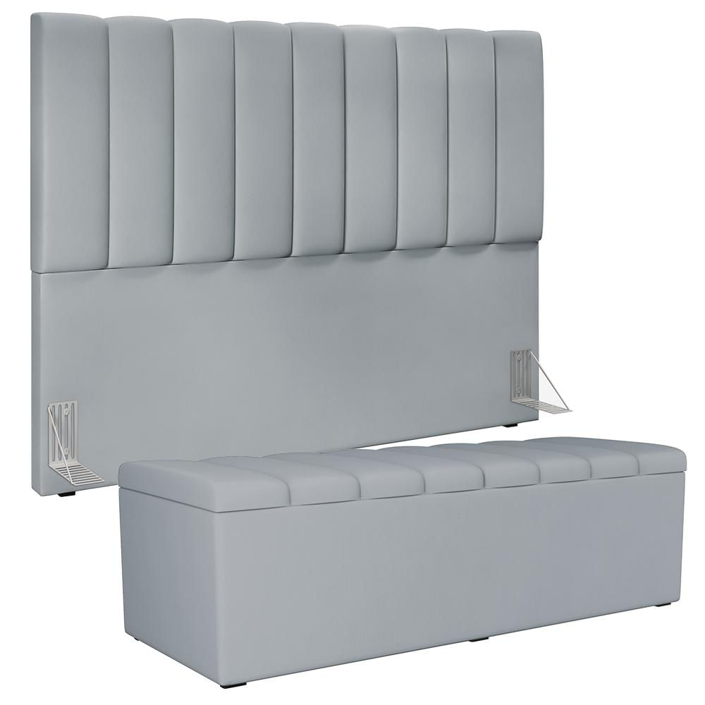 Kit Cabeceira Cama Box Casal Queen 160cm Com Calçadeira Baú Dália W01 Suede Cinza - Lyam Decor