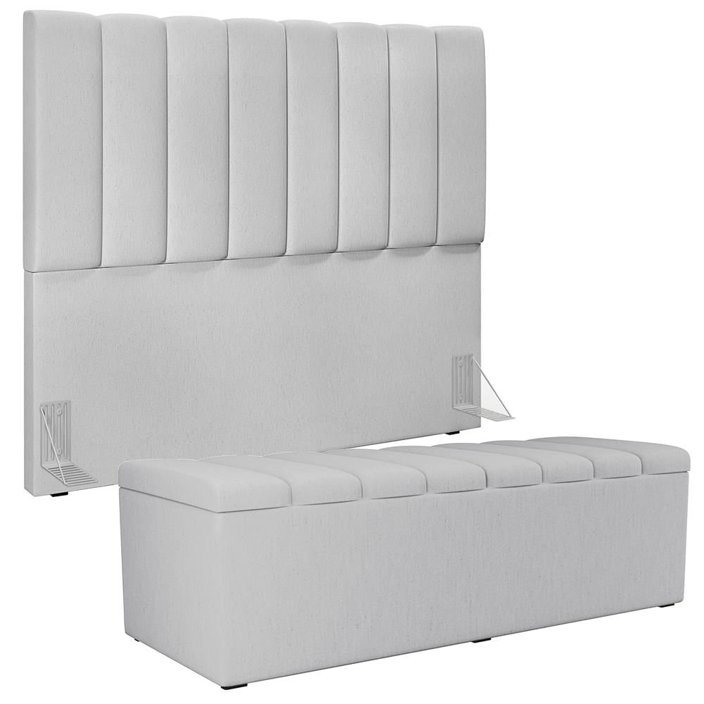 Kit Cabeceira Cama Box Casal 140cm Com Calçadeira Recamier Baú Dália W01 Linho Cinza - Lyam Decor