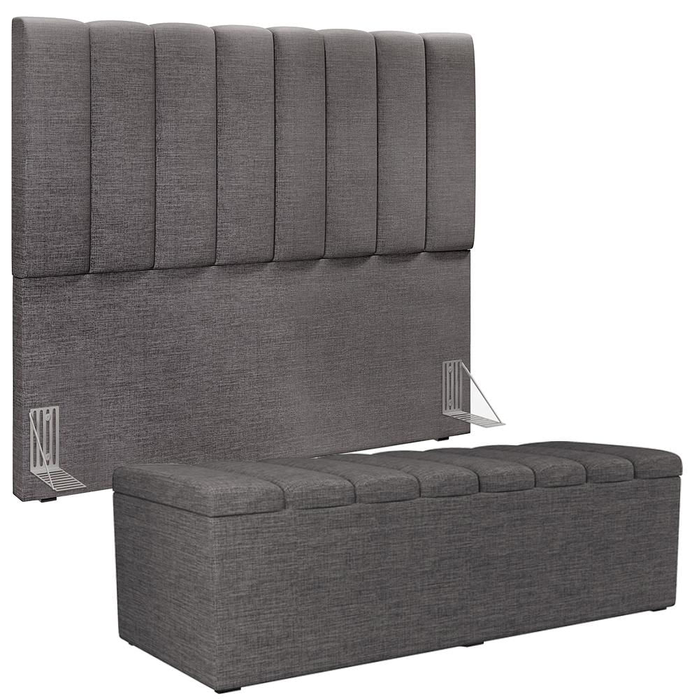 Kit Cabeceira Cama Box Casal 140cm Calçadeira Recamier Baú Dália W01 Linho Cinza Escuro - Lyam Decor