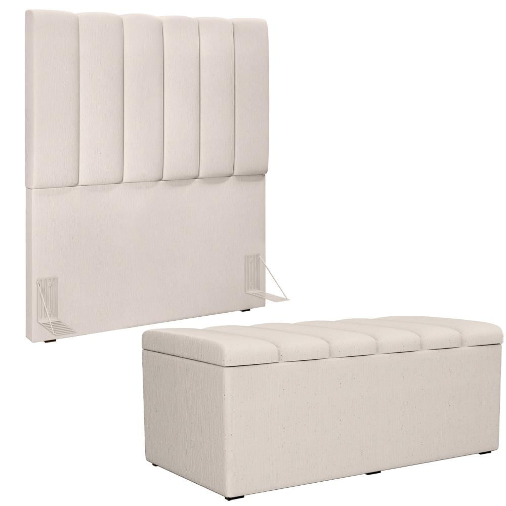 Kit Cabeceira Cama Box Solteiro 100cm Com Calçadeira Recamier Baú Dália W01 Linho Cru - Lyam Decor