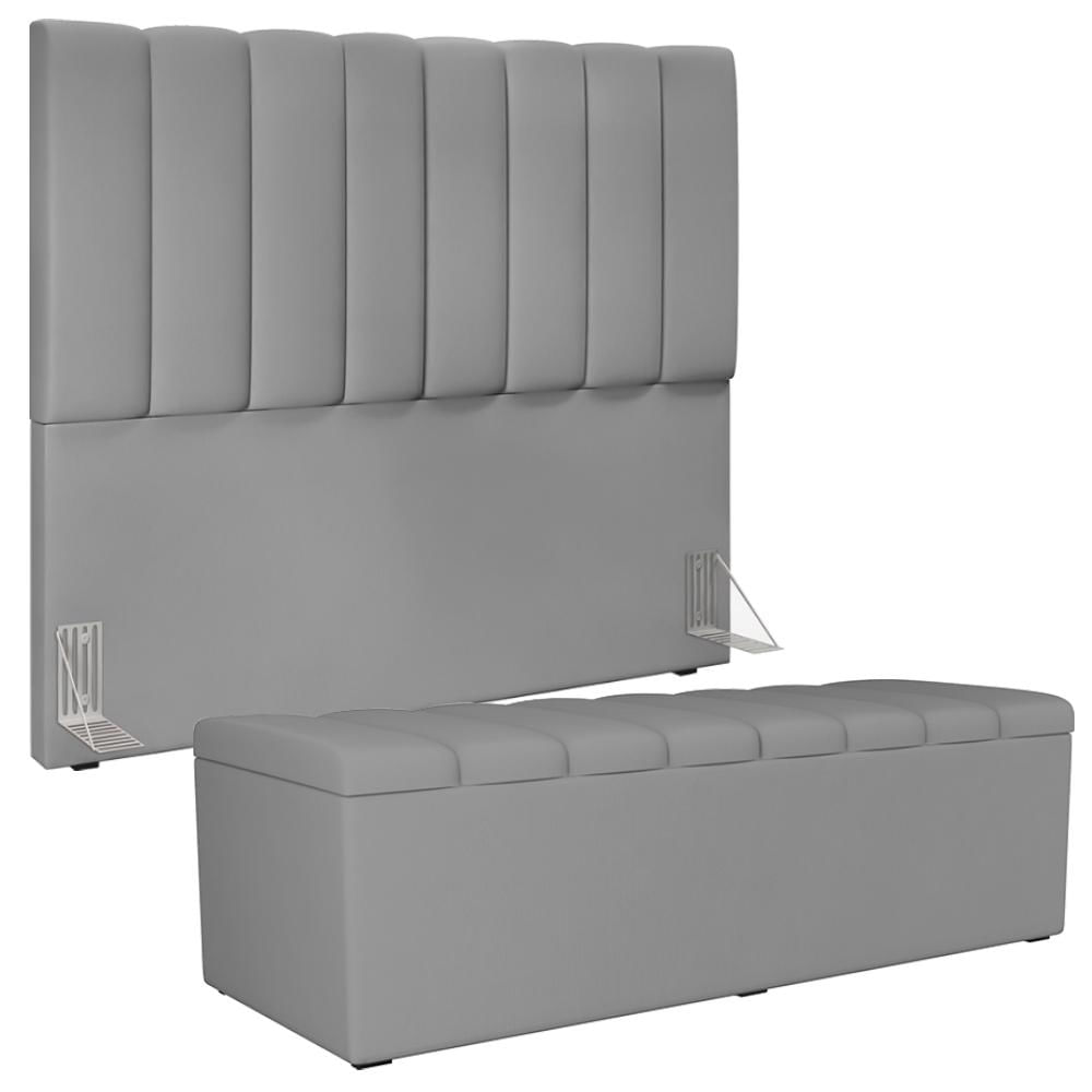 Kit Cabeceira Cama Box Casal 140cm Com Calçadeira Recamier Baú Dália W01 Facto Cinza - Lyam Decor