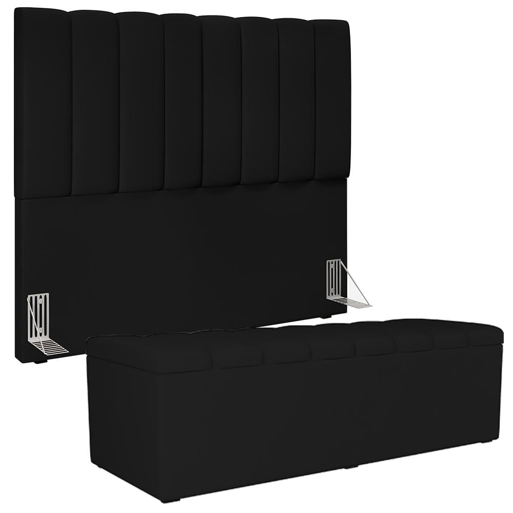 Kit Cabeceira Cama Box Casal 140cm Com Calçadeira Recamier Baú Dália W01 Suede Preto - Lyam Decor