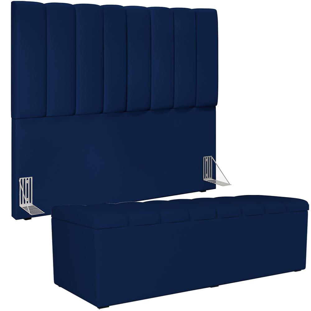 Kit Cabeceira Cama Box Casal 140cm Calçadeira Recamier Baú Dália W01 Facto Azul Marinho - Lyam Decor