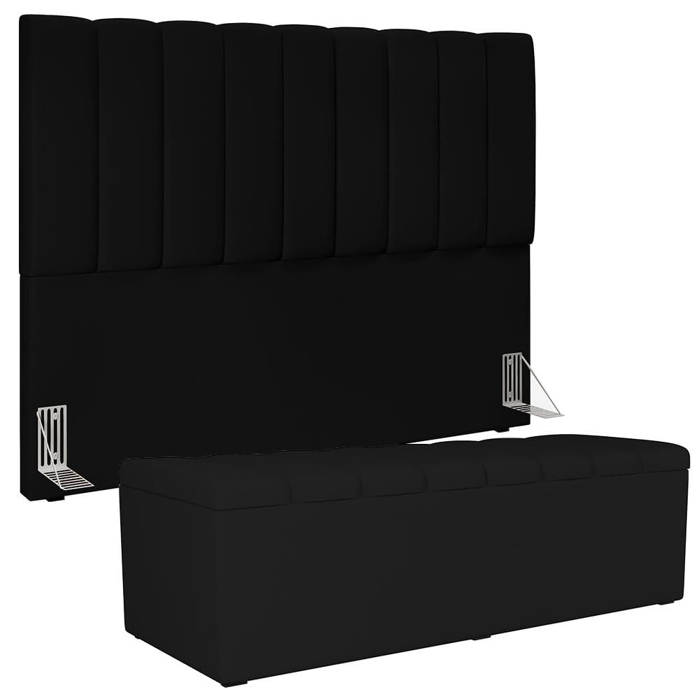Kit Cabeceira Cama Box Casal Queen 160cm Com Calçadeira Baú Dália W01 Suede Preto - Lyam Decor