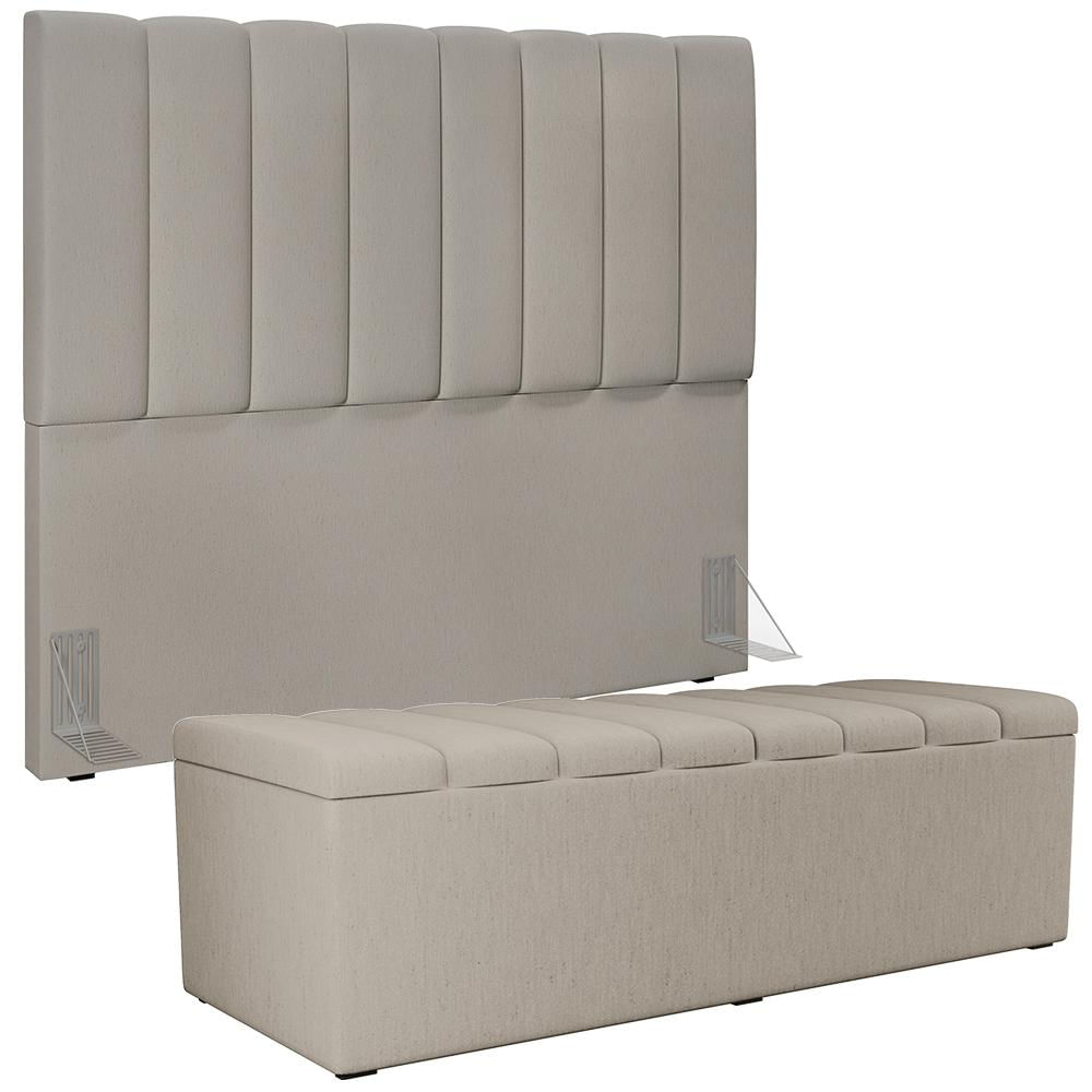 Kit Cabeceira Cama Box Casal 140cm e Calçadeira Recamier Baú Dália W01 Linho Bege - Lyam Decor