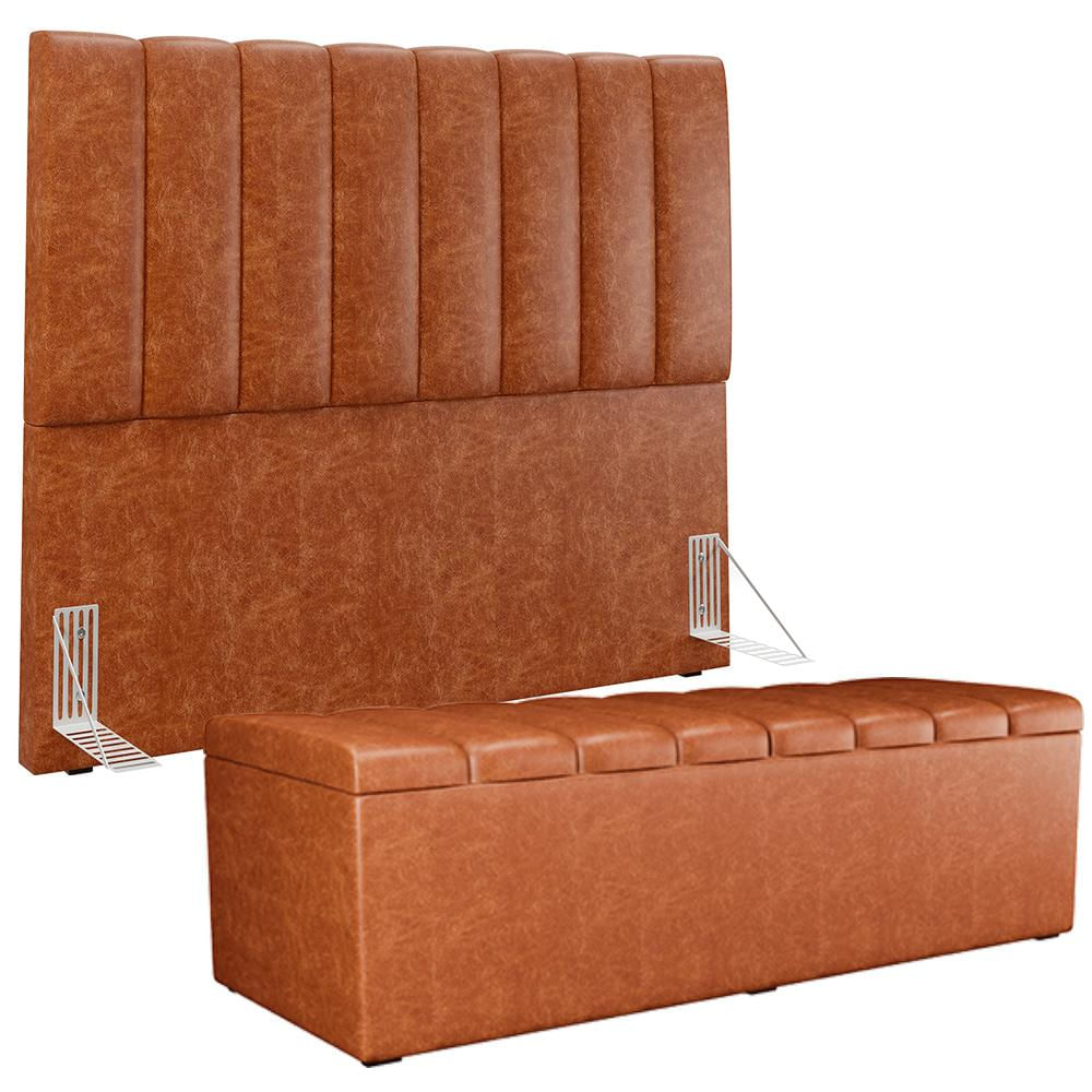 Kit Cabeceira Cama Box Casal 140cm e Calçadeira Recamier Baú Dália W01 Couríssimo Camel - Lyam Decor