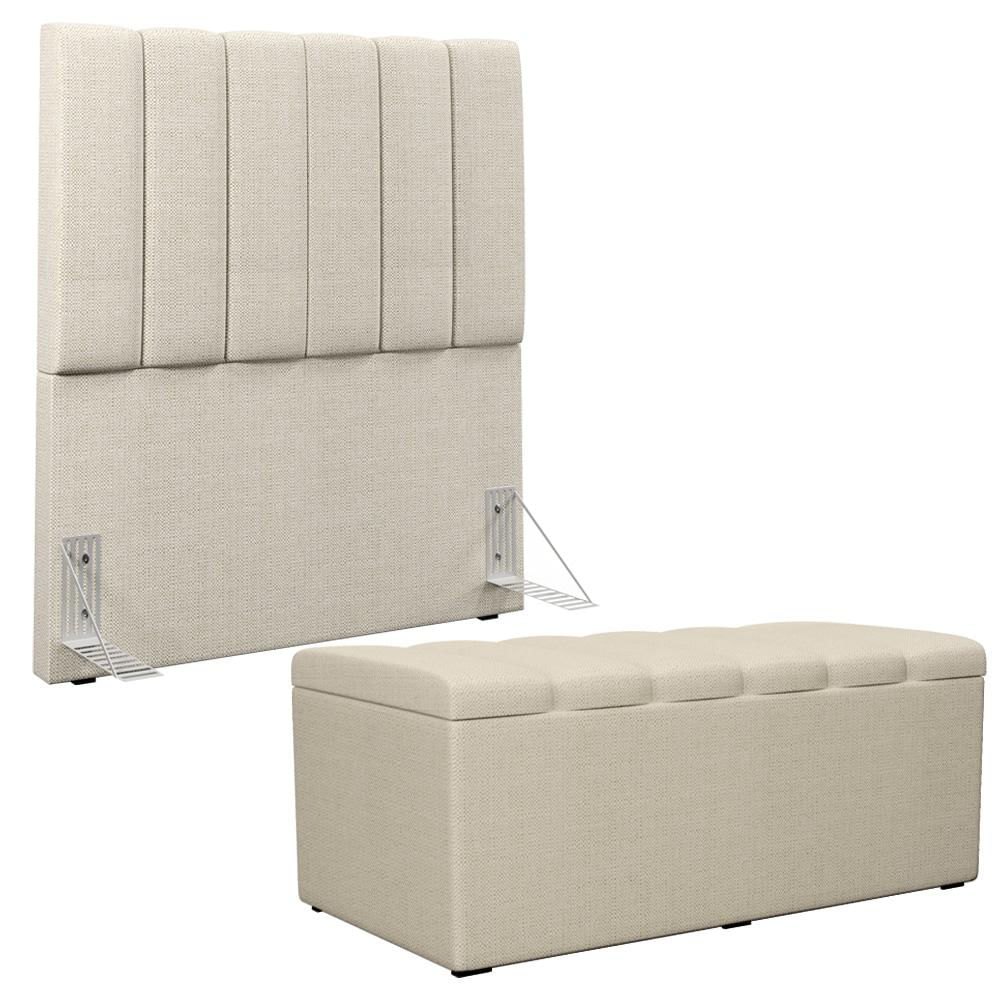 Kit Cabeceira Cama Box Solteiro 100cm Calçadeira Recamier Baú Dália W01 Linho Champagne - Lyam Decor
