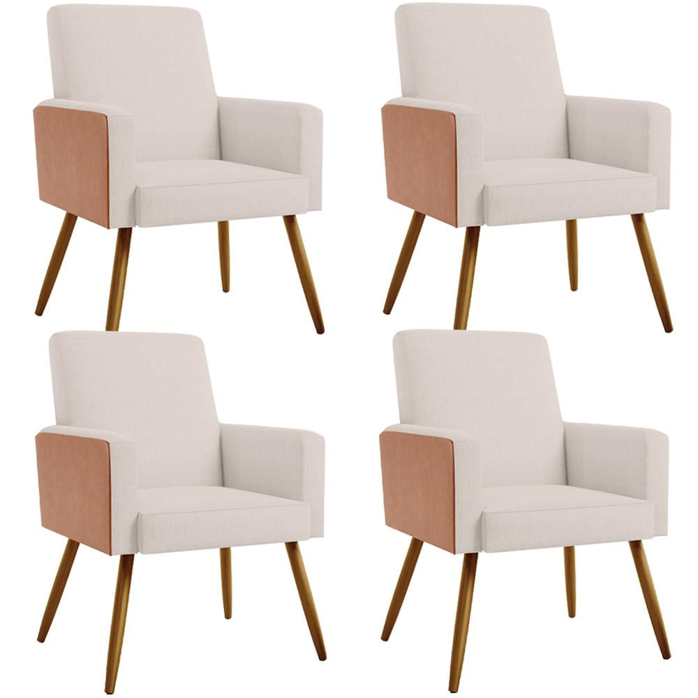 Kit 04 Poltronas Decorativa Maria W01 Pés Palito Linho Cru Couríssimo Camel - Lyam Decor