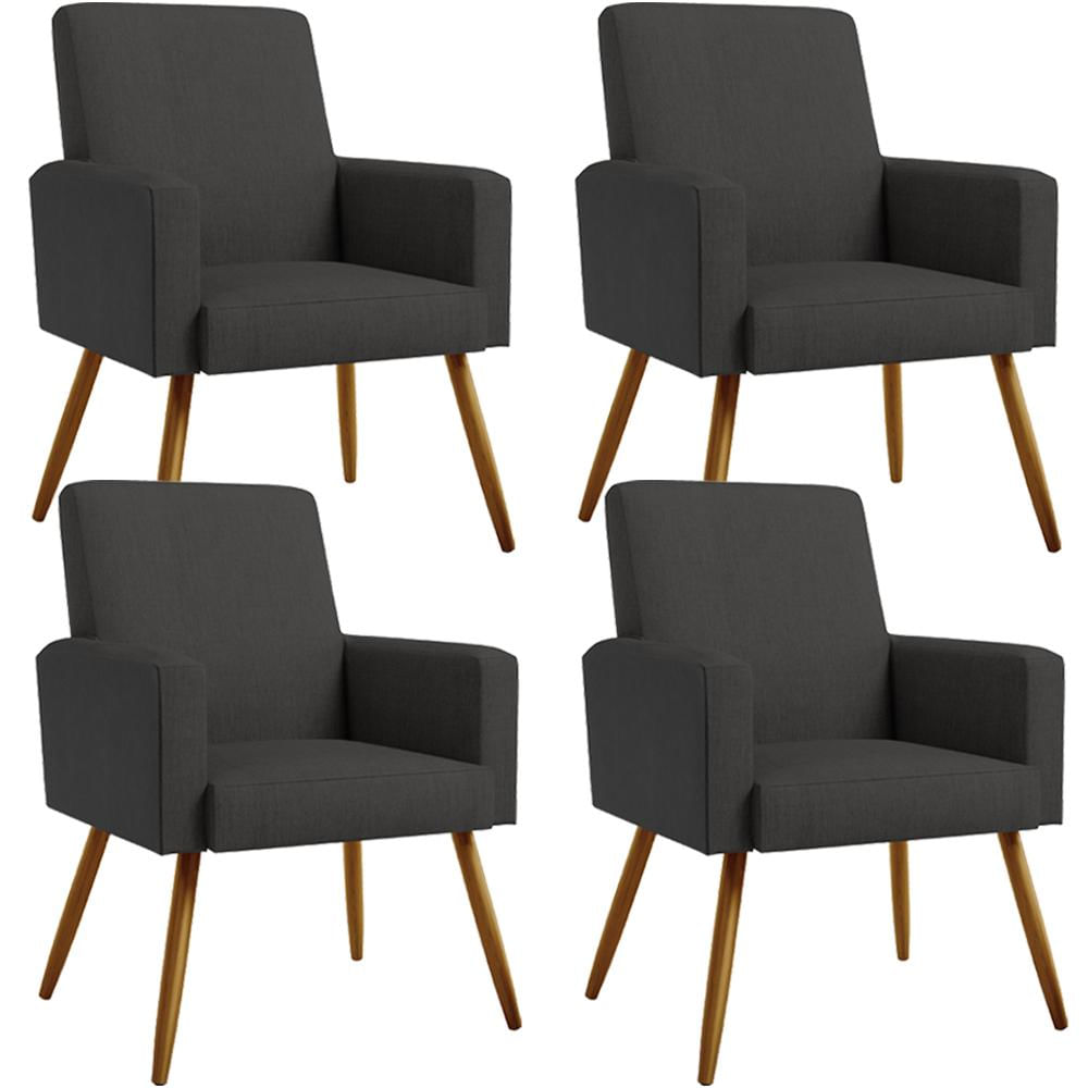 Kit 04 Poltronas Decorativa Maria W01 Pés Palito Linho Chumbo Couríssimo Preto - Lyam Decor
