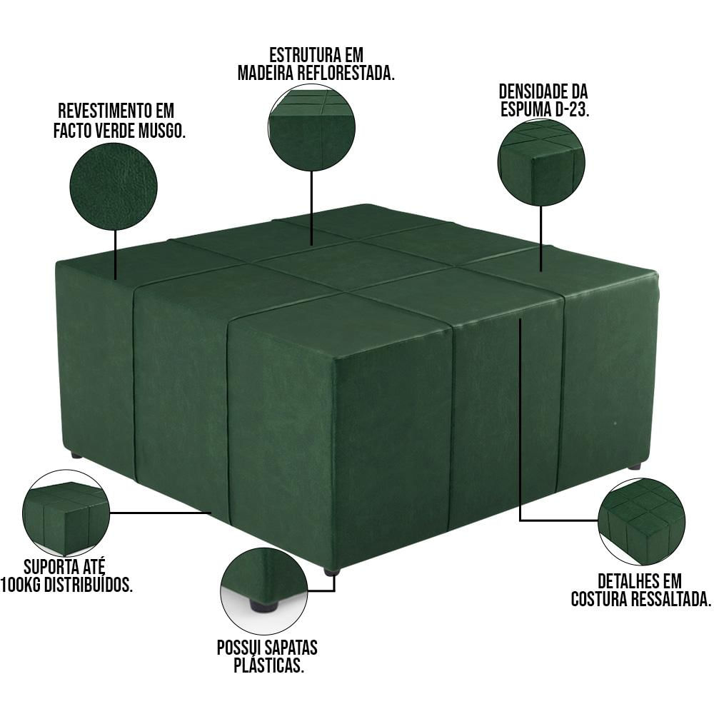 Puff Decorativo Para Sala de Estar Quadrado Milano 90x90cm W01 Facto Verde Musgo - Lyam Decor