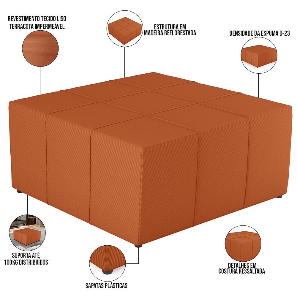 Puff Decorativo Para Sala de Estar Quadrado Milano 90x90cm W01 Tecido Terracota - Lyam Decor