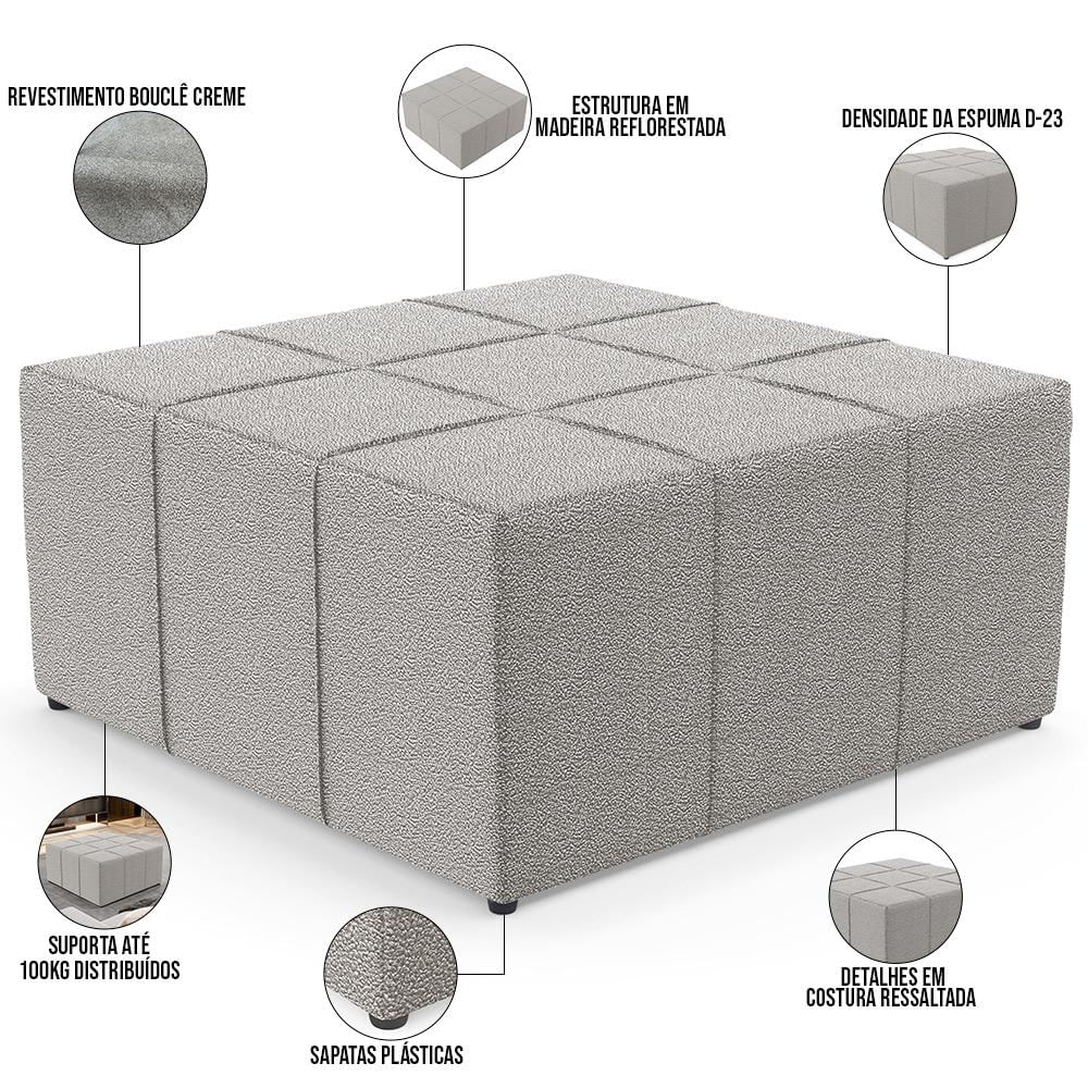 Kit 02 Puffs Decorativos Para Sala De Estar Quadrado Milano 90x90 W01 Bouclê Creme - Lyam Decor