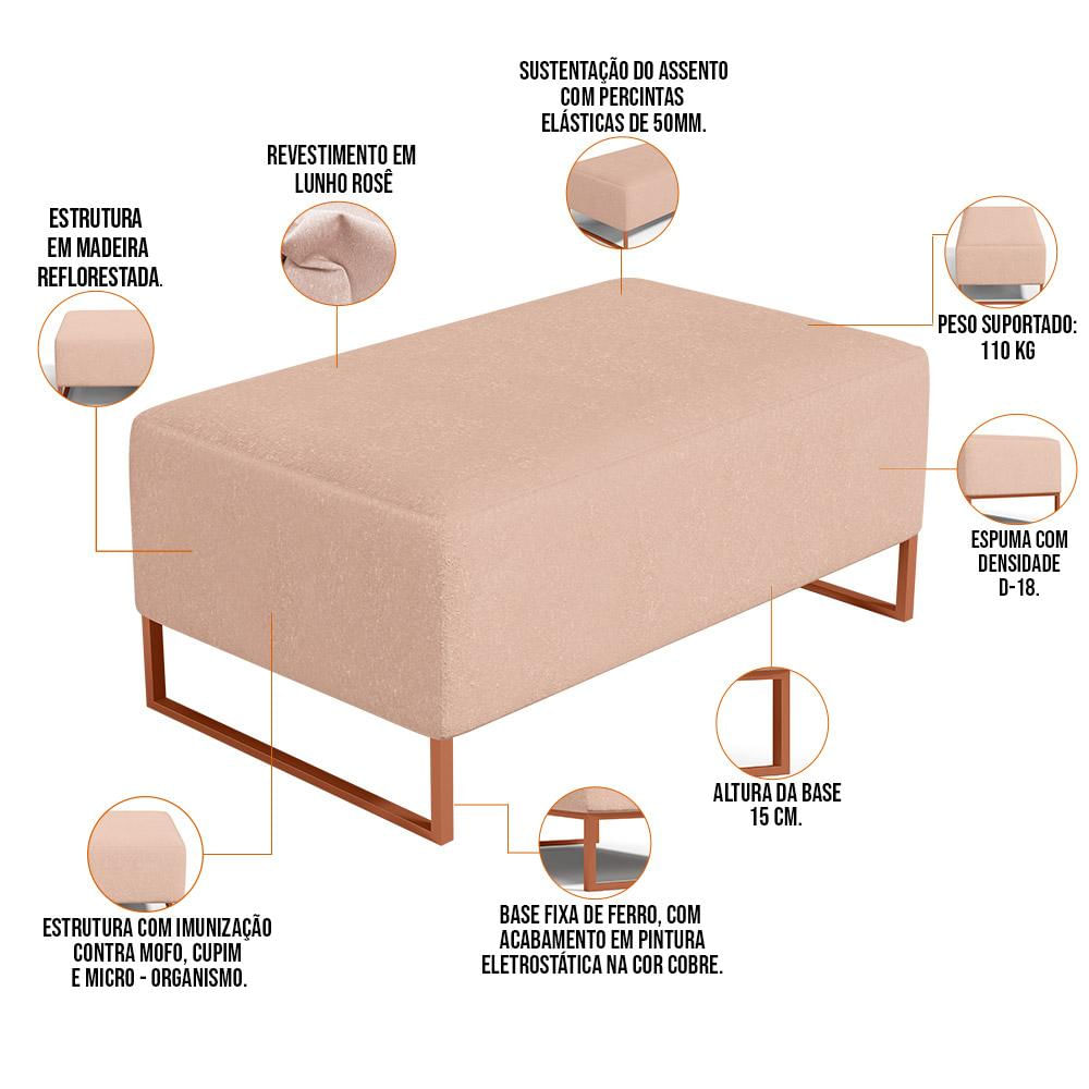 Kit 02 Puffs Decorativo Sala De Estar Cléo 90cm W01 Base Ferro Cobre Linho Rosê - Lyam Decor