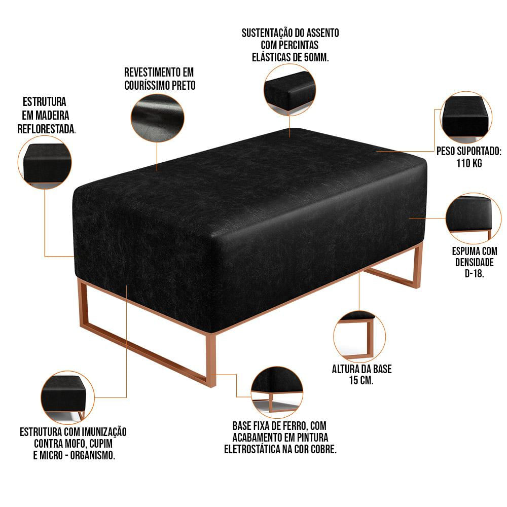 Puff Decorativo Sala De Estar Cléo 90cm Base De Ferro Cobre W01 Couríssimo Preto - Lyam Decor