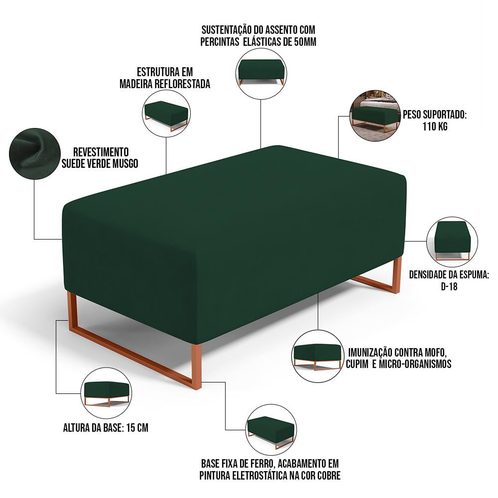 Kit 02 Puffs Decorativo Sala De Estar Cléo 90cm W01 Base Ferro Cobre Suede Verde Musgo - Lyam Decor