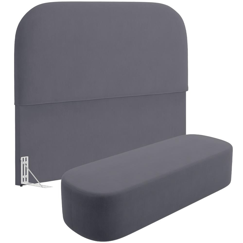 Cabeceira Cama Box Queen 160cm Lanna com Puff Recamier Doha W01  Suede Cinza - Lyam Decor