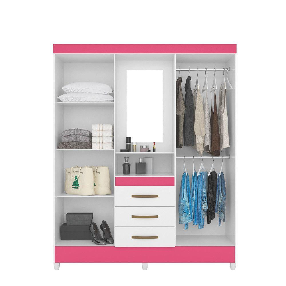 Guarda Roupa 4 Portas Com Espelho Capri Branco Rosa 831442